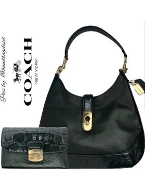 COACH AMBER IVY GREEN MIXED CROC LEATHER GOLD SHOULDER BAG AND WALLET SET